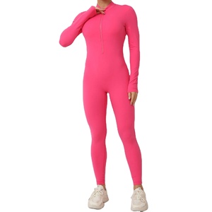 Body de fitness à impact élevé pour femmes Combinaison une pièce à logo personnalisé avec fermeture éclair sur le devant Combinaison de yoga à motif solide - Product Image 1