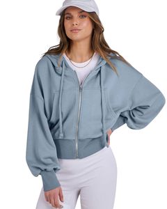 Sudadera con Capucha Corta para Mujer, Azul, Corte Holgado, Manga Larga, con Cordón, Informal, para Uso Diario - Product Image 1