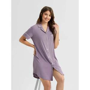 Chemise de nuit classique en bambou pour femme, à manches courtes, en tissu tissé doux et confortable pour l'été, col en V, en modal - Product Image 6