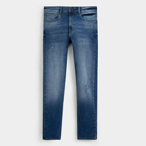 Jean en denim bleu moyen pour homme, coupe slim, vintage, séchage rapide, délavé, confortable, tendance, décontracté, jambe droite, élégant - Product Image 1