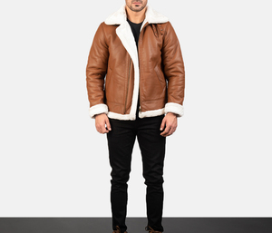 แจ็กเก็ตหนังแกะแท้สีน้ำตาลมีซิปสำหรับผู้ชายแจ็คเก็ตแบบมีสายปรับได้ - Product Image 5