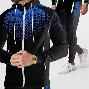Survêtement à capuche géométrique noir et bleu pour homme, fermeture éclair intégrale, vêtements de sport avec poches latérales, séchage rapide, polyester, pour l'automne - Product Image 1