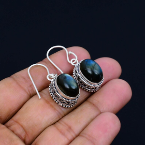 Pendientes de piedras preciosas ovaladas de labradorita, Pendientes colgantes de gota de Plata de Ley 925 para mujer, regalo de Año Nuevo para ella, venta al por mayor - Product Image 3