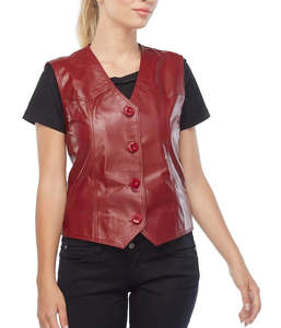 Gilet sans manches en cuir véritable pour femmes avec col en V boutons à la mode hauts en cuir pour extérieur Streetwear coton rempli - Product Image 4
