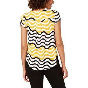 T-shirt stampata da donna Alfani stile Y2K Wave City gialla taglia XS XXS corta traspirante in cotone poliestere jersey con pizzo - Product Image 2