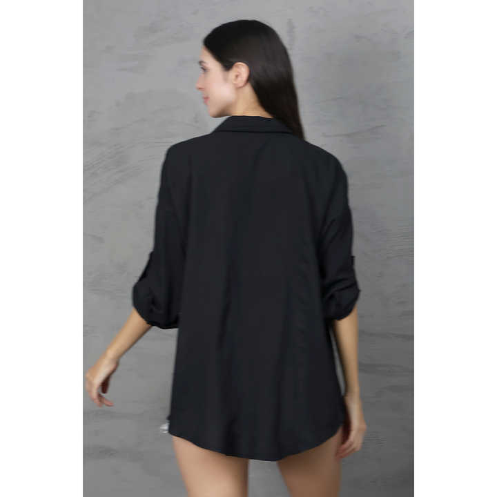 Women's Ayrobin Black Oversize Low Sleeve Shirt with Epaulettes and Sequin Embroidery Pattern Available in Sizes S-M-L-XL