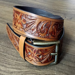 เข็มขัดหนังลายดอกไม้สีน้ำตาลงานแฮนด์เมดคุณภาพสูงของขวัญแบบตะวันตกสำหรับผู้ชายหนังแท้ขายส่งจากผู้ผลิต - Product Image 4