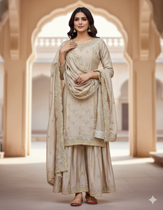 Conjunto de Salwar Kameez de Seda con Bordado Beige para Mujer, Incluye Dupatta, Ropa India y Pakistaní Estilo Bollywood - Product Image 2