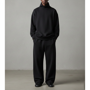 Ensemble deux pièces en coton lourd délavé à l'acide imprimé vintage pour homme : sweat-shirt à col montant et pantalon de jogging à jambe large - Product Image 1