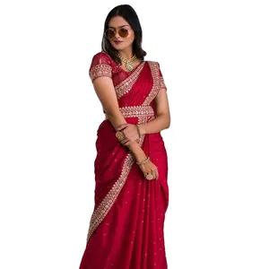 Tomato Silk Beautiful Sequence Embroidery Work Of Doris Fancy Sari for online sale
