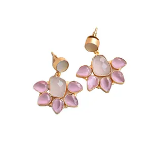 Pink Gemstone Jewelry Rose Gold Plated Rose Quartz drop Earring for Women Wholesale Trend Fashionable Gold Jewelry Bulk supplier