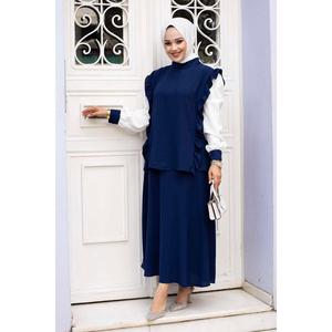 Ensemble Hijab 2 Pièces à Volants Bleu Marine - Product Image 1