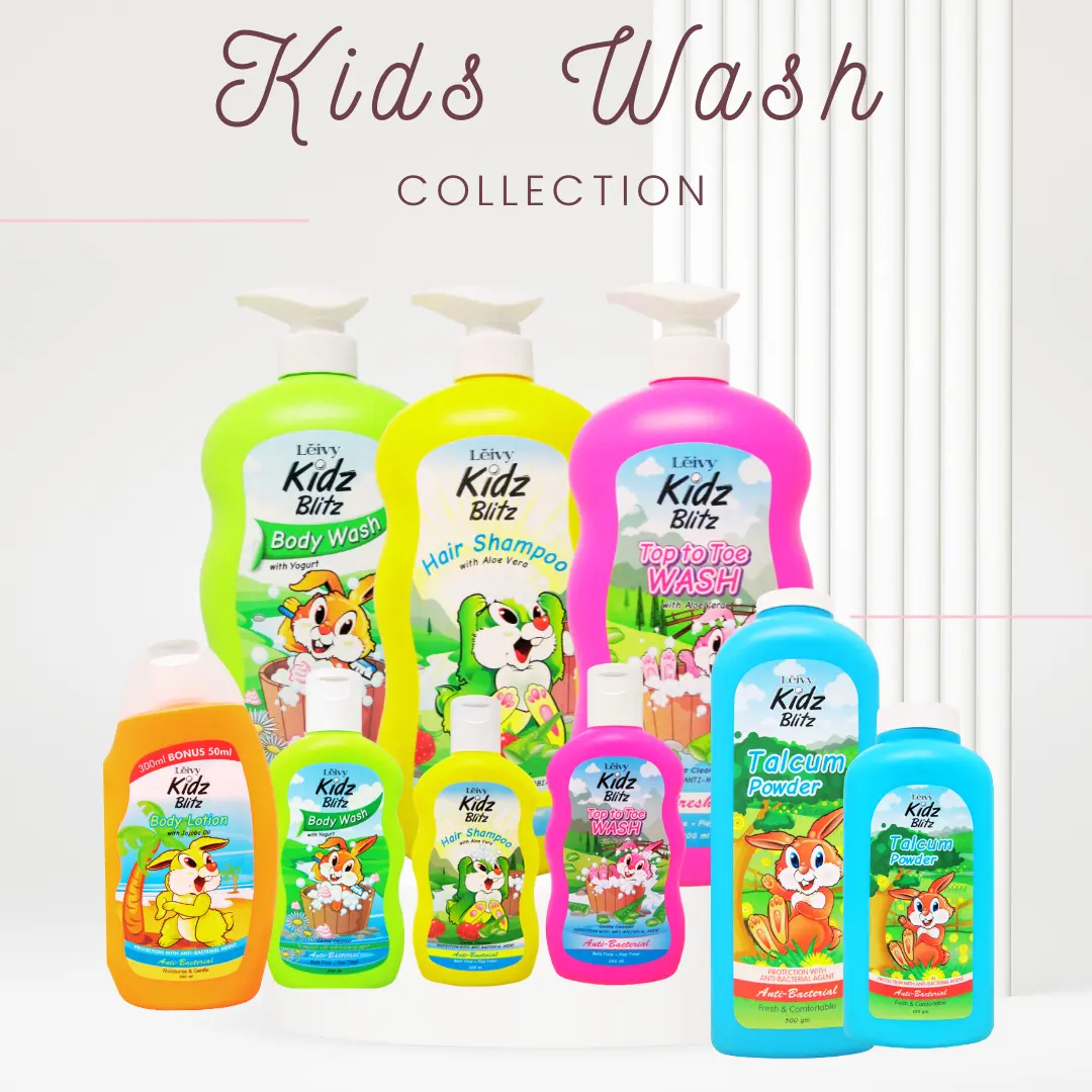 Kualitas tinggi aroma buah perlengkapan mandi bayi merah muda Malaysia perawatan Kidz Blitz atas ke ujung sampo sabun cuci tubuh sampo talc