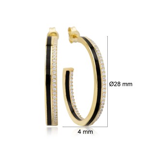 Pendientes de Aro con Diseño de Esmalte Negro y Circonita, Joyería Turca Artesanal de Plata de Ley 925 al por Mayor - Product Image 3