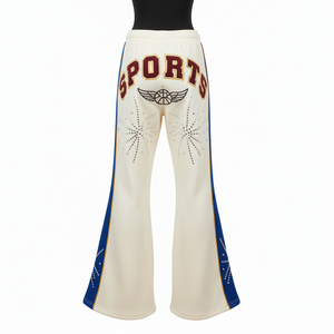 Women Flare Pant 300 GSM Cotton Blend Fleece Cream Color Contrast Side Panel Design Custom Heat Press Logo Women's Pant - Product Image 2