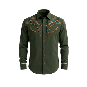 Chemise de cowboy brodée à manches longues, boutonnée, style vintage décontracté, coupe ajustée, passepoil contrastant, personnalisable OEM, unisexe, style western - Product Image 1