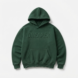 Custom Men's Heavyweight Washed <b>Fleece</b> <b>Hoodie</b> <b>Oversized</b> Distressed Pullover Embossed Logo Streetwear Sweatshirt OEM ODM - Product Image 1