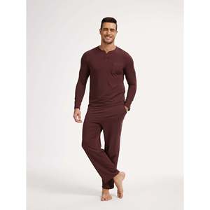 Premium <b>Men's</b> Bamboo Cotton V-Neck Long Sleeve <b>Pajama</b> <b>Set</b> Casual Style Soft Knitted Fabric - Product Image 1