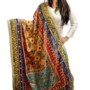 Floral <b>Silk</b> Dupatta with Eye-Catching Mirror Work Stylish Ethnic Design for Navratri and Diwali Chinon Style - Product Image 1