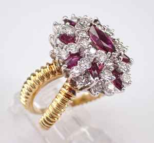 Bague vintage en or jaune 18 carats bijoux fins taille marquise rubis et diamant de laboratoire bague en grappe cadeau d'anniversaire parfait - Product Image 6