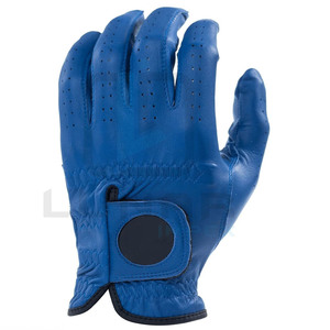 Gants de golf en cuir Cabretta bleu audacieux pour hommes et femmes avec logo de marque personnalisé élégant sur les gants de golf à dragonne - Product Image 1