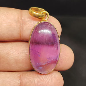 Pendentif en laiton fait main avec pierre précieuse cabochon en améthyste naturelle, pendentif bleu et améthyste - Product Image 2