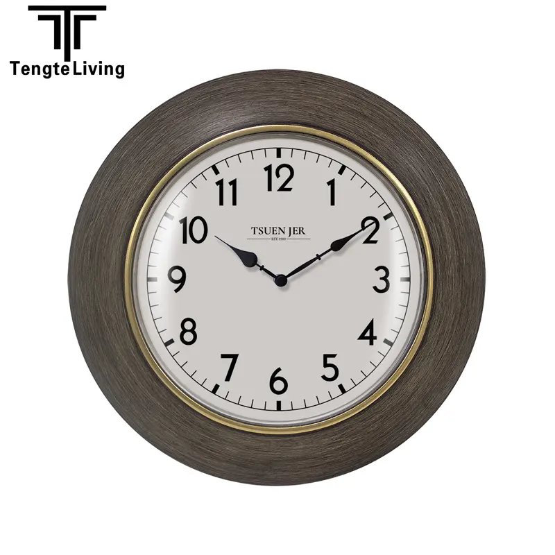 新しいデザインカスタマイズされた壁時計プラスチック素材木製スタイル12インチ円形装飾時計家庭用またはオフィス用卸売