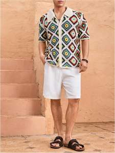 Camisas de punto a rayas Camisa de manga corta con botones 100% Acrílico botón abajo manga corta cuello ahueca hacia fuera la camiseta - Product Image 6