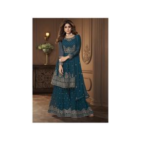 Chic dernier mariage porter lourd Faux Georgette feuille miroir travail Salwar Kameez Type Sharara costume robe pakistanaise pour les femmes - Product Image 1
