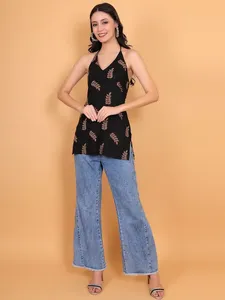 Floral Printed Halter Neck Sleeveless Backless Organic Lightweight Denim <b>Fabric</b> Summer Fashion Black Brown Straight Women Girls - Product Image 3