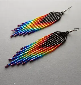 <b>Rainbow</b> Beaded Earrings Gradient Chandelier Long Shiny Unique Dangle Earrings - Product Image 1