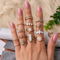 Ensemble de bagues empilables en alliage doré style bohème, avec opale vintage, cristal, couronne et feuille, bijoux de mode pour femmes