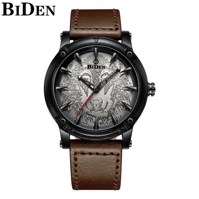 Biden 0185 Men Quartz Watch Japan Movement Creative Wolf Sport Wristwatch Genuine Leather Strap Mens Watches Relojes Para Hombre