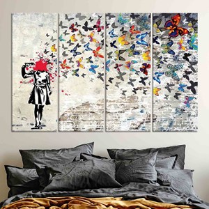 Toile imprimée Banksy Butterfly Girl : Décoration style vitrail, lot de 4 toiles - Product Image 1