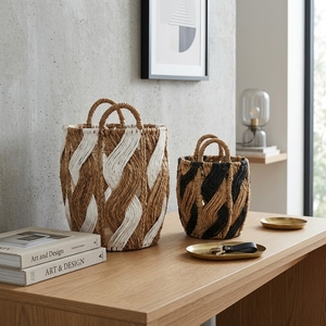Natural Banana Bark Recycled <b>Plastic</b> <b>Basket</b> Set Spiral Wave Twist Open Lattice Arch Handle Pot Planter Decor Setup Pure Art Room - Product Image 6
