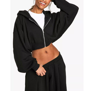 Sweat à capuche court personnalisé pour femmes OEM Sweats à capuche zippés à épaules tombantes Sweats à capuche courts bon marché en gros pour femmes - Product Image 1