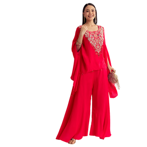 Cape Kurta en soie Dola rouge avec broderie Vente en gros de vêtements ethniques pour femmes OEM Fournisseur d'usine de vêtements Tenue de fête - Product Image 3