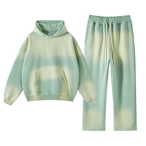 Estilo americano Ropa de calle de invierno Algodón grueso Sun Faded Vintage Spray Dyeing Hoodies y pantalones de chándal Set para hombres Niños Hoodies - Product Image 3