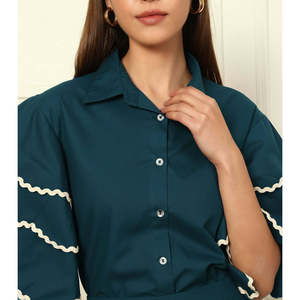 Deebaco Women's Solid Teal Cotton Shirt Dress <b>Skirt</b> <b>Co</b>-Ord Set Ruffled Sleeves Turn-down Collar Knee Length Casual Summer Wear - Product Image 2