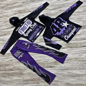 Ensemble 2 pièces surdimensionné unisexe avec pantalon évasé et sweat à capuche, en molleton vintage French Terry, imprimé sérigraphié, délavé à la pierre, pour l'hiver, 100% coton - Product Image 3