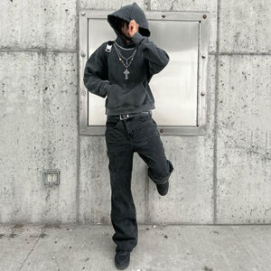 2025 Washed Heavyweight 100% Cotton <b>Crystal</b> Decoration <b>Necklace</b> Shape Graphic DTG Printing Vintage Hoodies for <b>Men</b> - Product Image 3