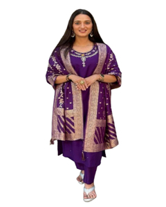 Conjunto Kurti de tela Vaticana de mujer de calidad premium Chanderi Zari Digital impreso Dupatta trabajo manual de tres piezas - Product Image 1