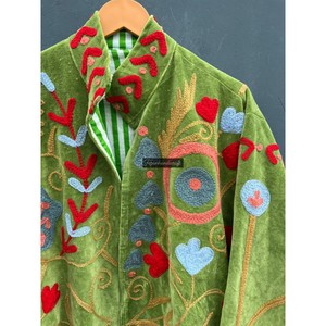 Unisex Green Velvet Suzani Fabric Jacket with Flowers Embroidery Cotton Winter <b>Coat</b> Lining Women's Party Wear - Product Image 2