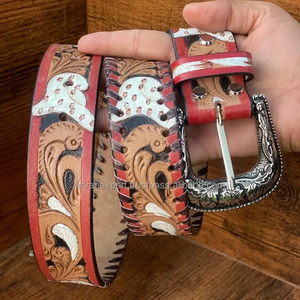 New Western Stylish Real Genuine Hand <b>Tooled</b> Leather Floral Paint Designer <b>Belts</b> High Quality Handmade Leather Unisex Waist <b>Belt</b> - Product Image 2