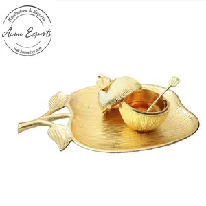 Plato en forma de manzana de aluminio con acabado dorado, gran calidad, con jarra de miel extraíble, utilizado para servir platos y aperitivos