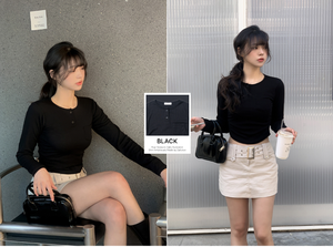 HOOR Haut court côtelé à manches longues pour femme, coupe ajustée, avec poche latérale froncée, doux et extensible, style coréen, taille unique, 5 couleurs - Product Image 2