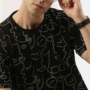 T-shirt à manches courtes et col rond pour hommes, noir, avec motif abstrait de visage imprimé, décontracté, surdimensionné, avec image graphique - Product Image 5