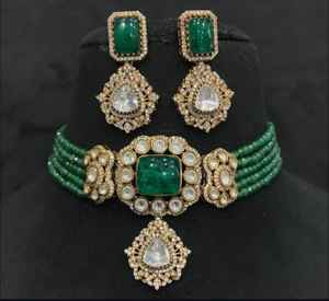 Fashionable Matt Gold Plated Polki Kundan Choker <b>Set</b> with Earrings Stylish <b>Jewellery</b> <b>for</b> <b>Wedding</b> and Anniversary Celebrations - Product Image 2