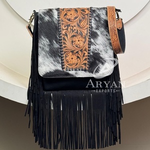 Women's Handmade Cowhide Fringe <b>Crossbody</b> <b>Bag</b> with Hand Tooled Leather Flap Adjustable Strap Spacious Interior Shoulder Handbags - Product Image 1