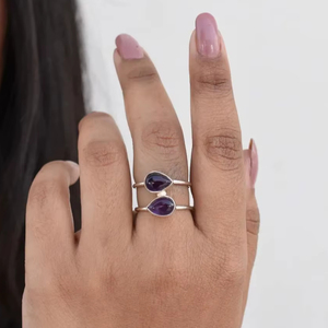 Bague à deux pierres Bague améthyste poire faite à la main Bague en argent sterling 925 Bijoux en pierres précieuses violettes Bague en argent pour femme Boho Cadeau - Product Image 1
